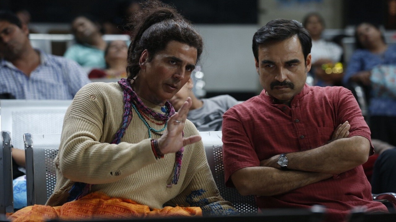 Akshay Kumar and Pankaj Tripathi star in "OMG 2," here reviewed by White Guy Watches Bollywood.
